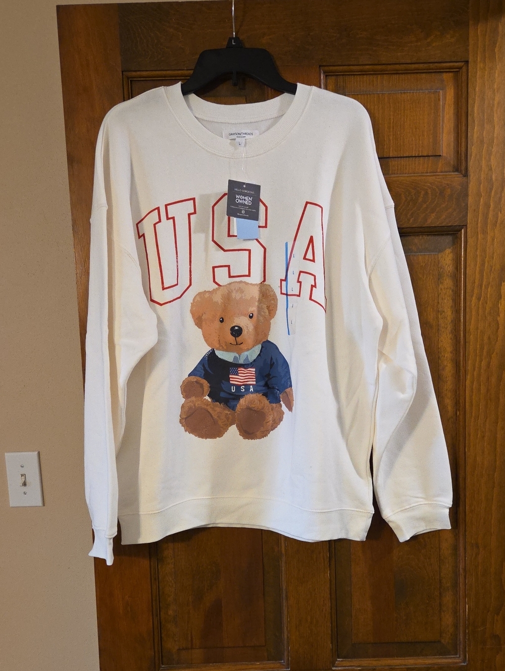 Grayson Threads Cream Crewneck with Teddy & Red USA Lettering